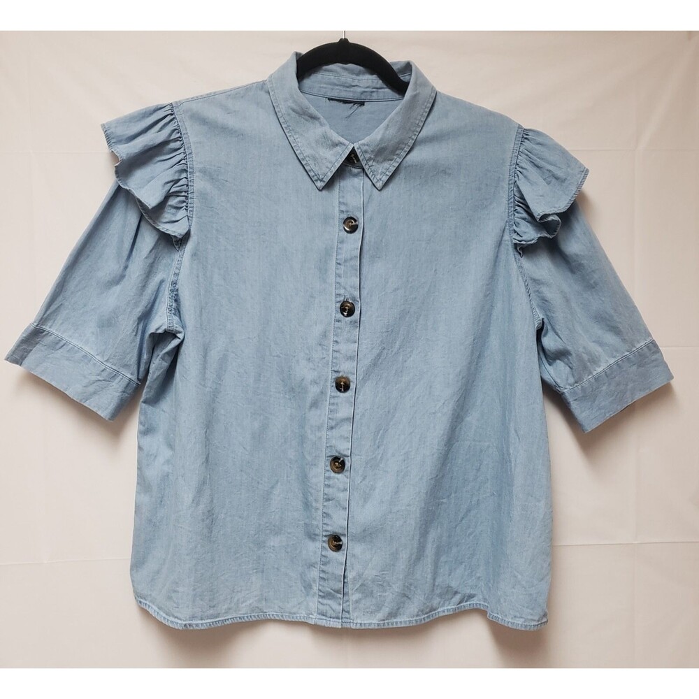 Women's Who What Wear Button Up Jean Short Sleeve Hobo Chic Shirt Sz M PO Good